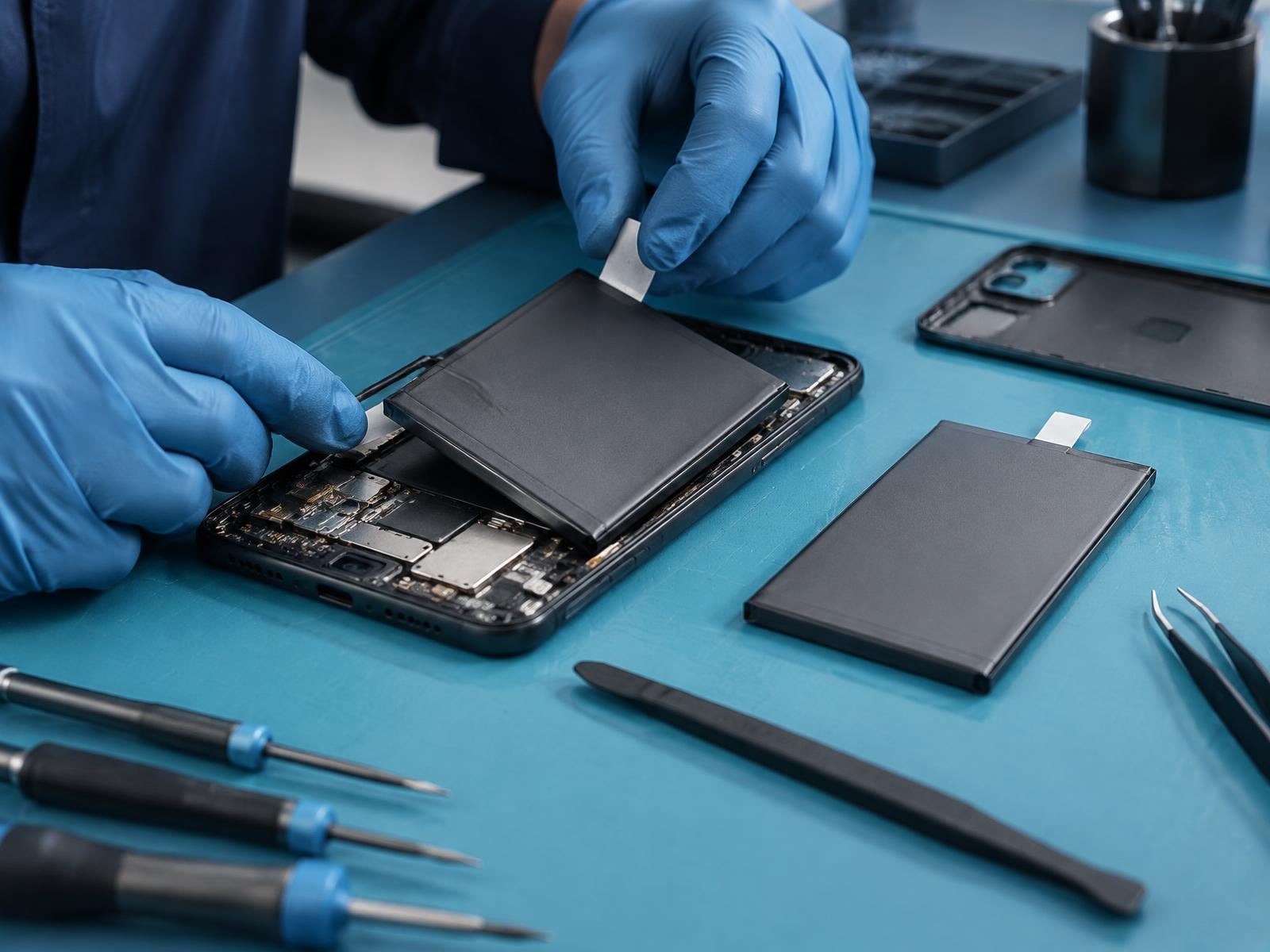 Technician in gloves lifting a worn battery out of an opened smartphone, with a new replacement battery, spudger, tweezers and precision screwdrivers on a teal repair mat