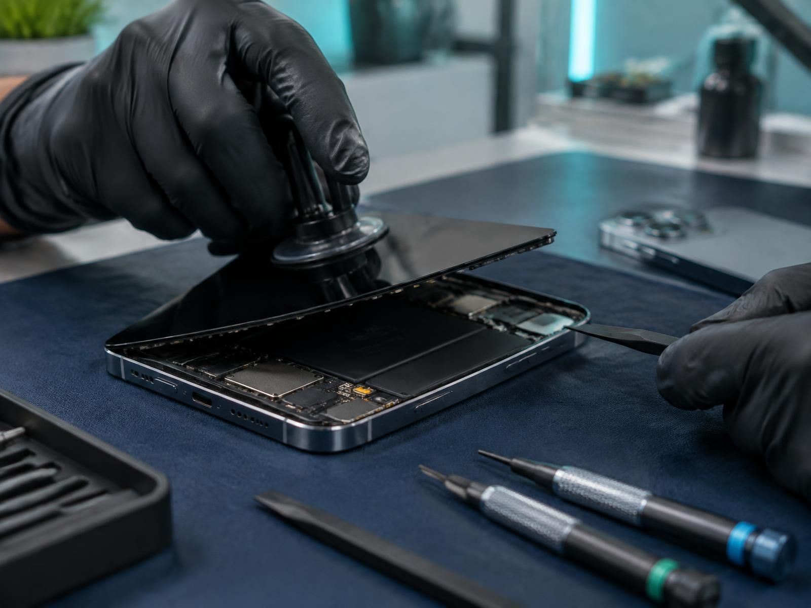 Technician lifting the display of an opened modern iPhone with a suction tool on a repair mat, precision screwdrivers beside it