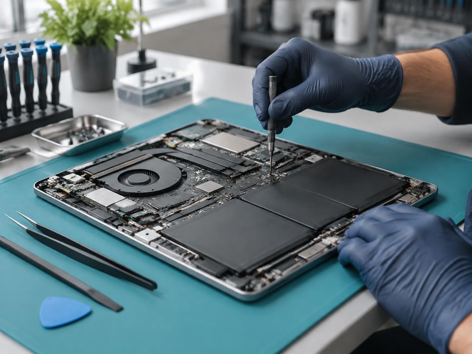 Technician in navy gloves working inside an open laptop with a precision screwdriver on a teal repair mat, with tweezers, a spudger and an opening pick nearby