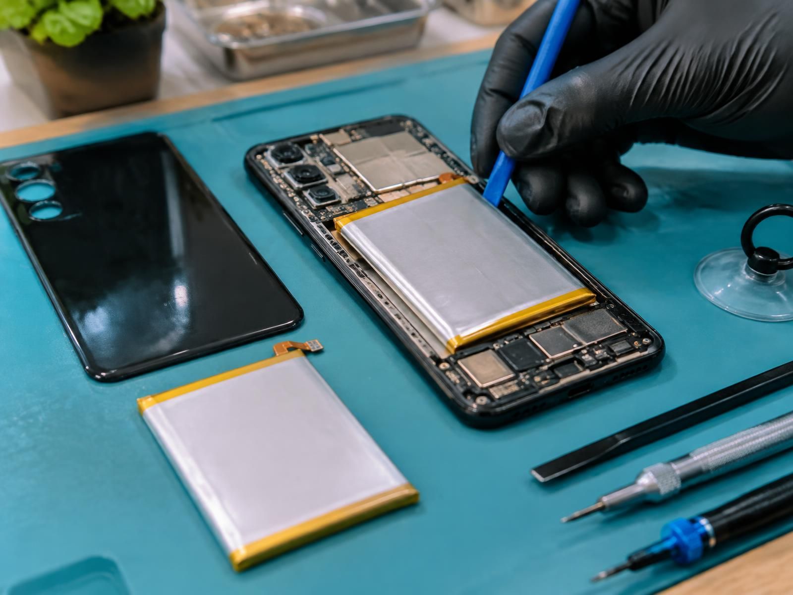 Android smartphone with its back cover removed on a teal repair mat, a gloved hand lifting the battery with a plastic pry tool, next to a replacement battery, a suction tool and precision screwdrivers