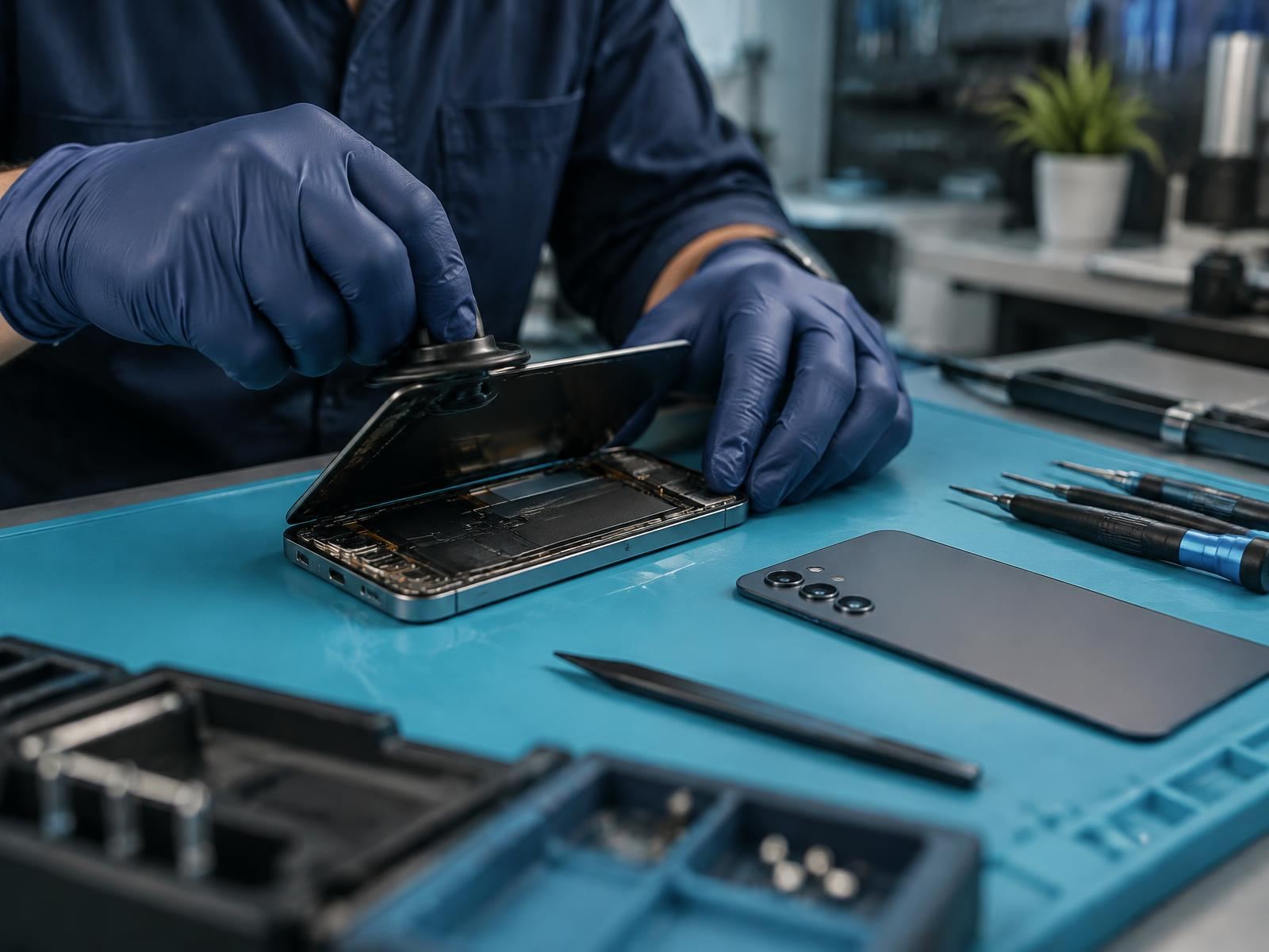 Technician lifting the display of an opened Android smartphone with a suction tool on a teal repair mat, with the phone's triple-camera back panel and precision screwdrivers beside it