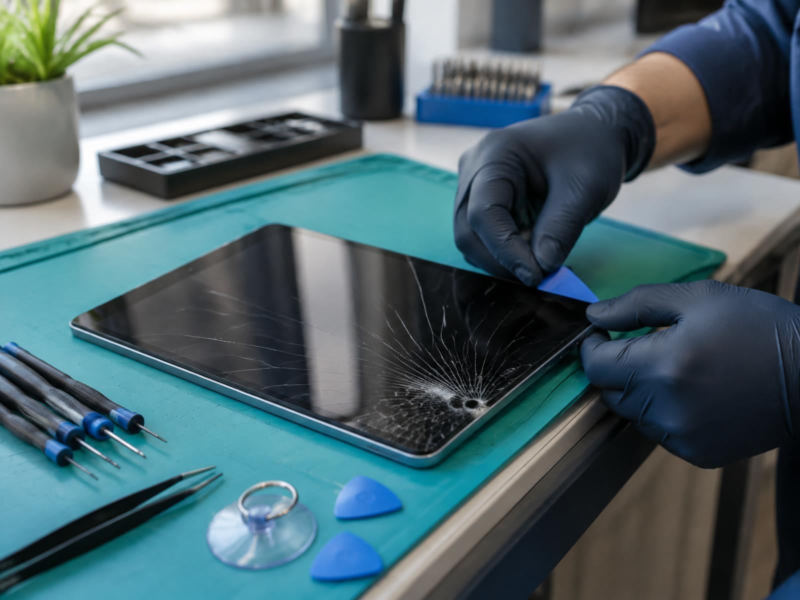 Technician in navy gloves lifting the edge of a tablet with a cracked screen using a plastic opening pick on a teal repair mat, with precision screwdrivers, tweezers and a suction cup nearby